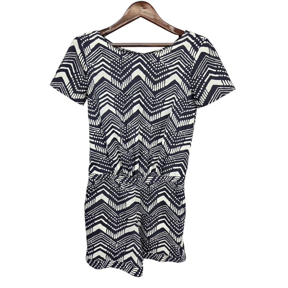 J.Crew Romper 0 Navy White Geometric Chevron Short Sleeve Preppy Coastal